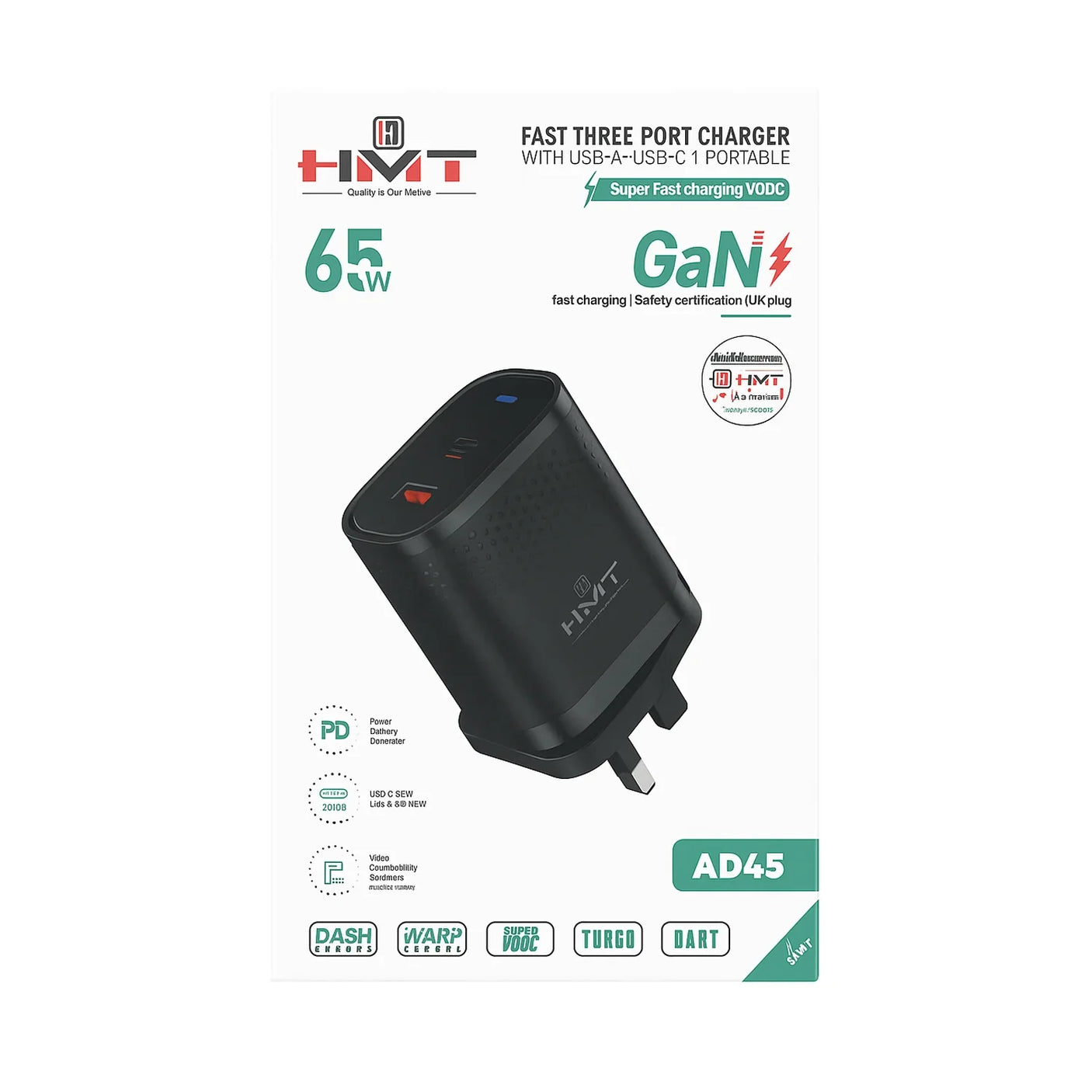 شاحن HMT 65W سريع بثلاثة منافذ - AD45