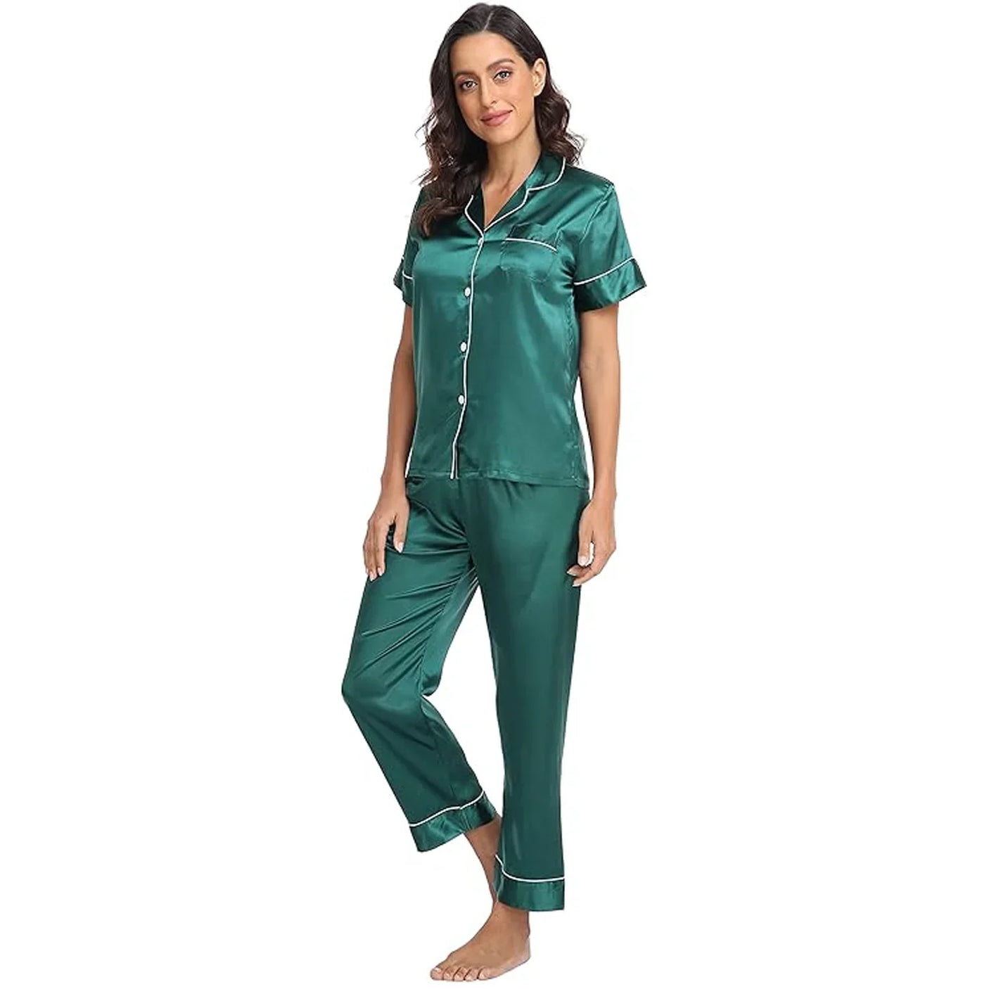 Women's Korean Fashion Silk Pajamas 2 Pcs Set - E8089