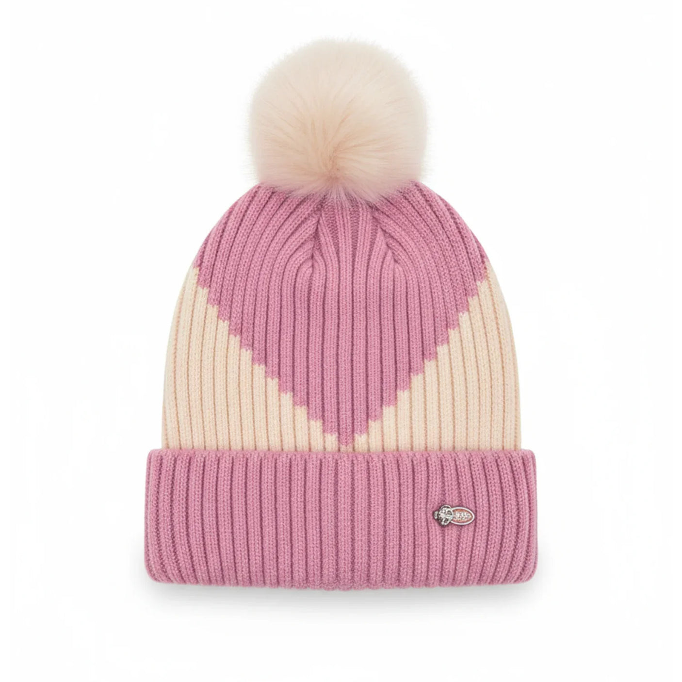 Luxury Fur Pom Beanie Striped Knit Winter Hat