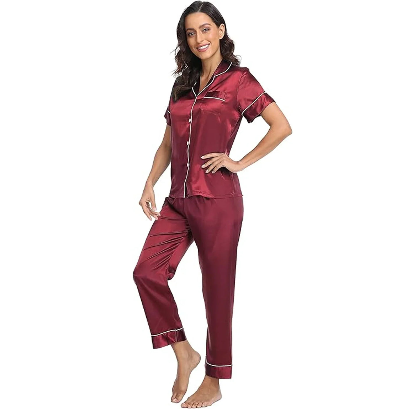 Women's Korean Fashion Silk Pajamas 2 Pcs Set - E8089