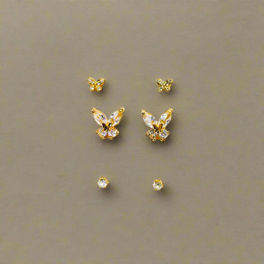 Golden Stainless Steel Korean Style Stud Earrings 3 Pairs - 104