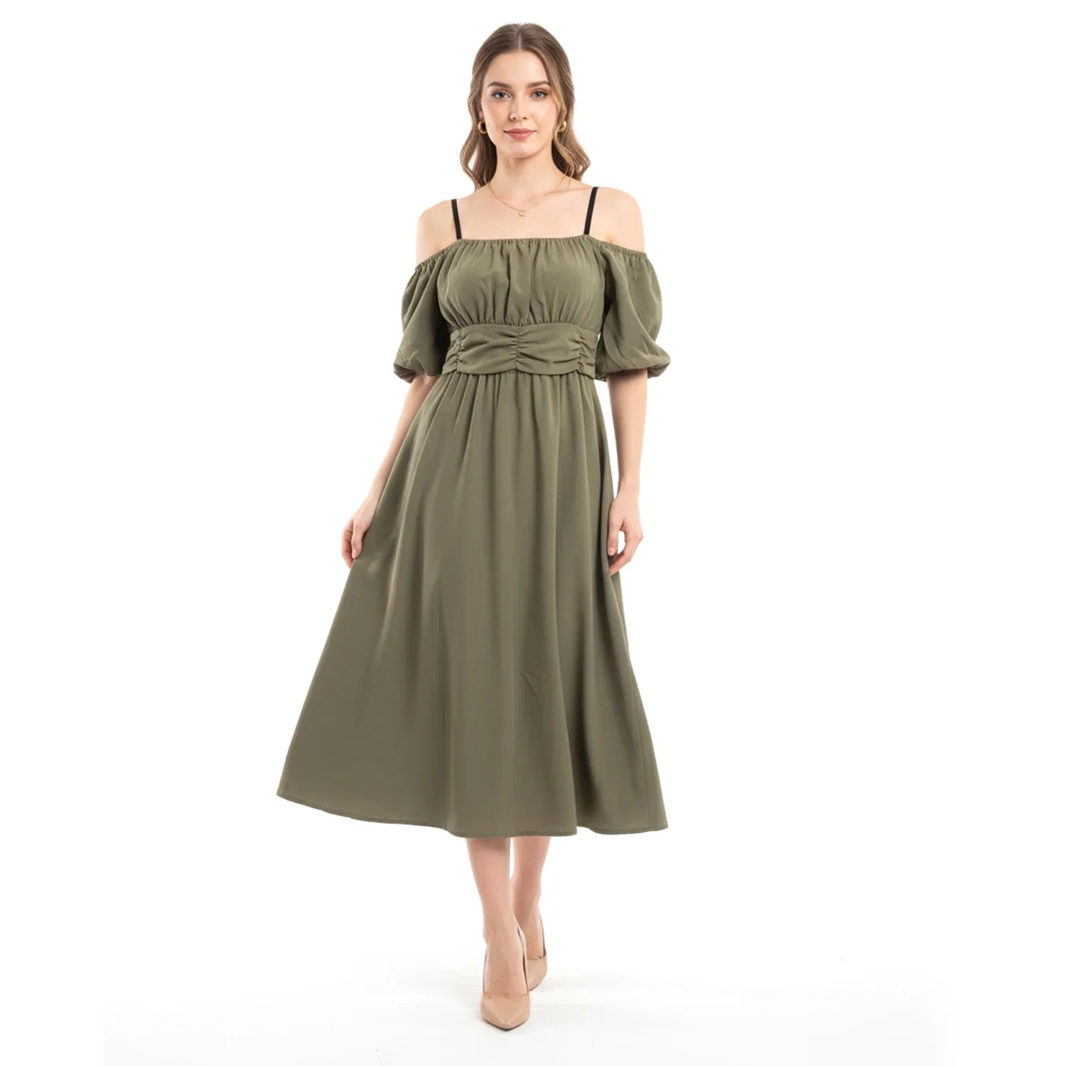 Women's Off-Shoulder Midi Dress with Puff Sleeves