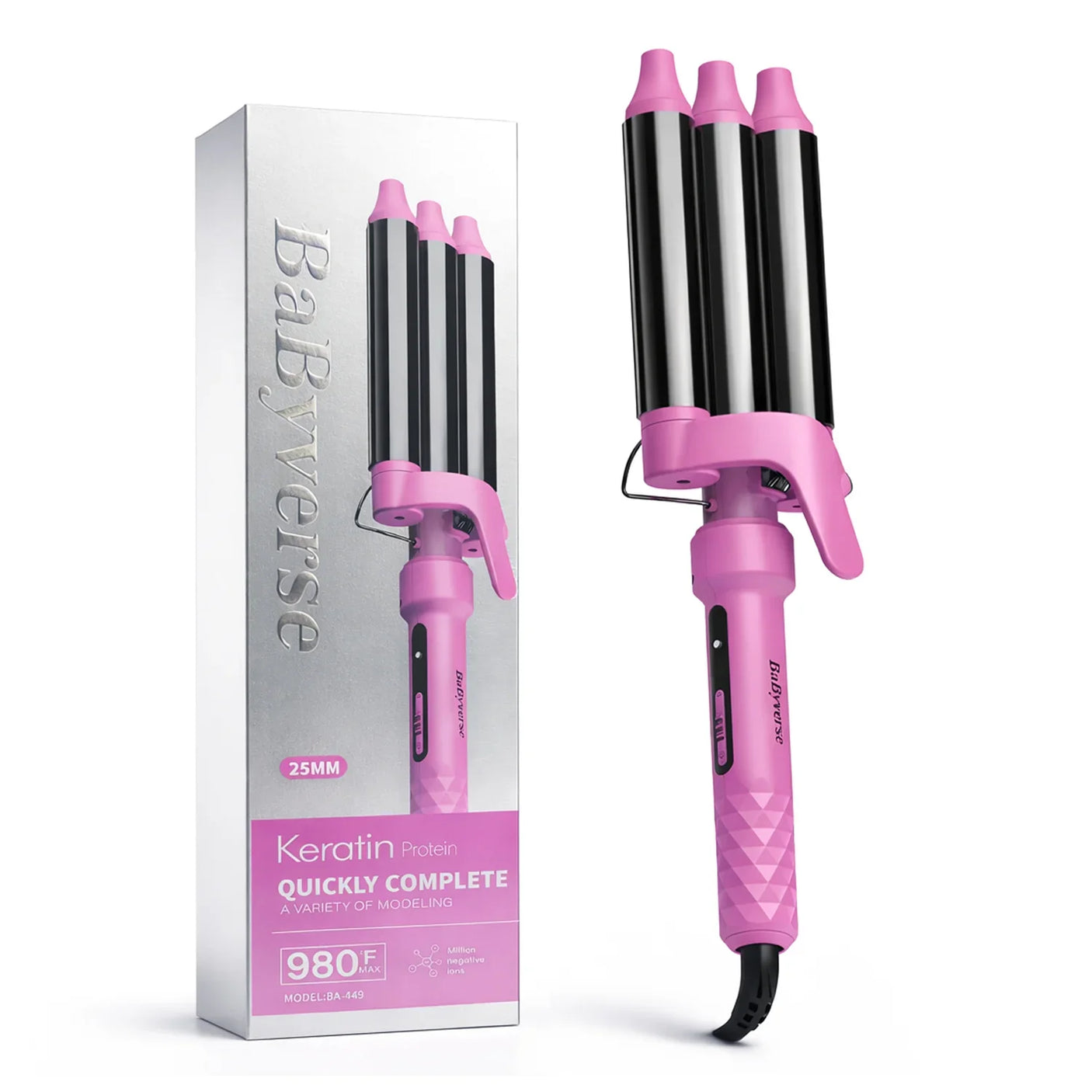 مكواة تجعيد الشعر بثلاثة براميل من BaByverse Keratin BA-449