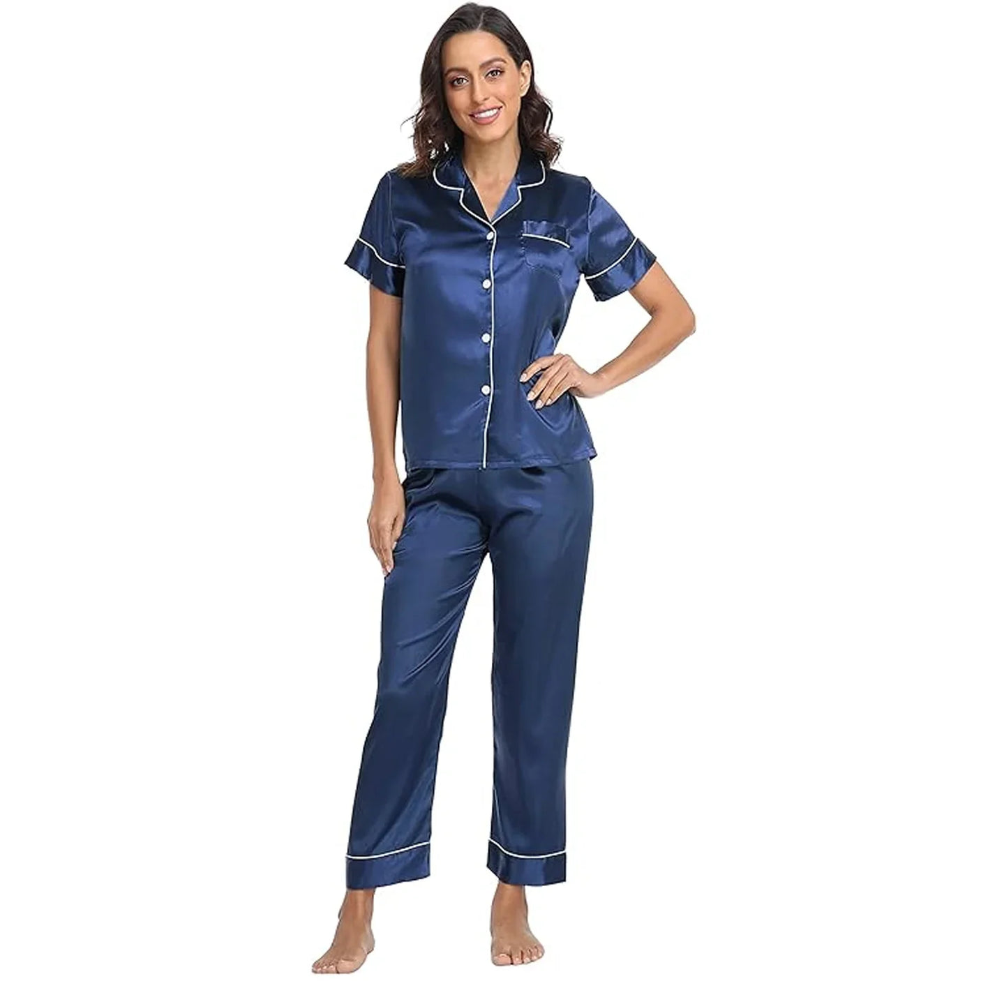 Women's Korean Fashion Silk Pajamas 2 Pcs Set - E8089