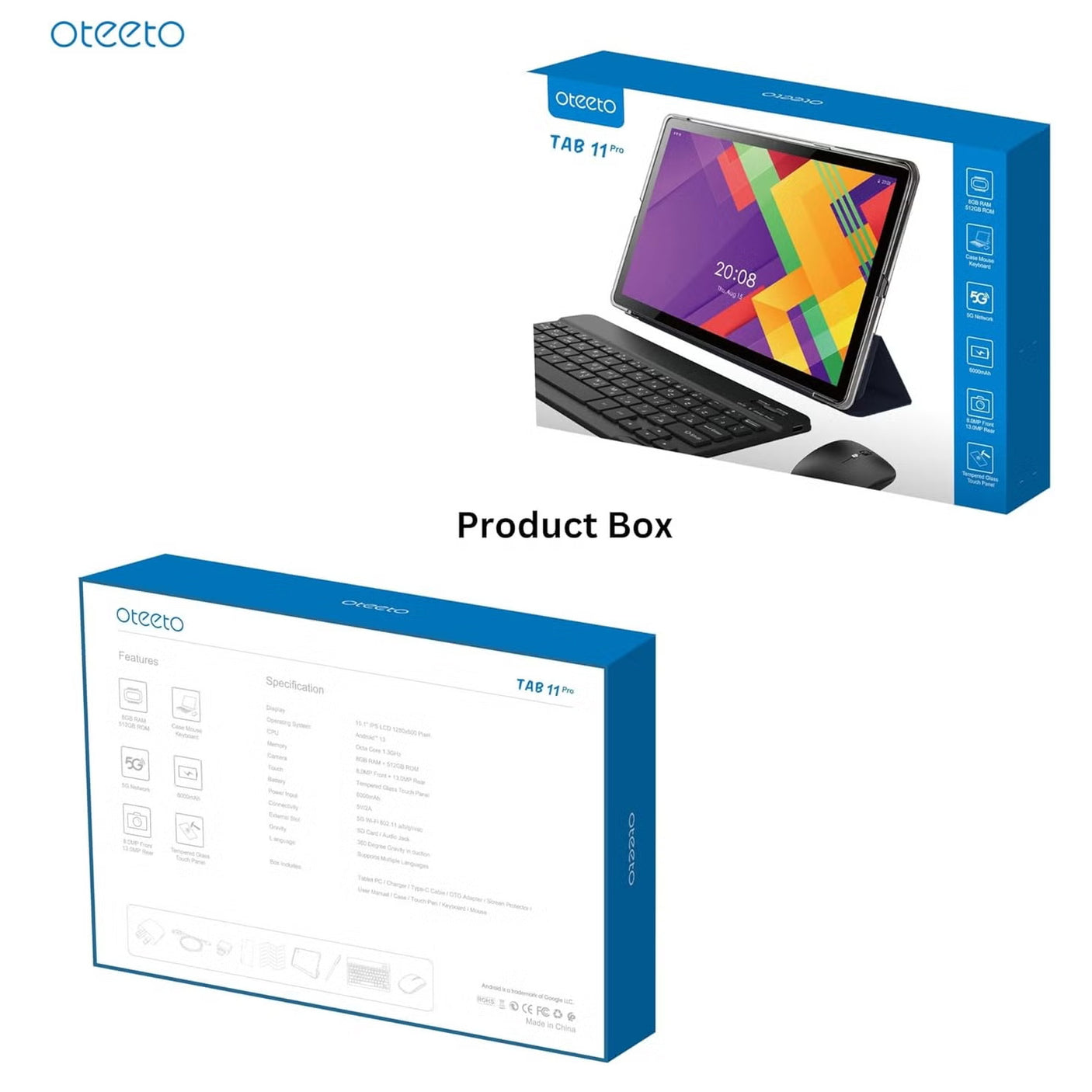 Oteeto Tab 11 Pro بذاكرة وصول عشوائي (RAM) سعة 8 جيجابايت وذاكرة تخزين داخلية سعة 512 جيجابايت ودعم شبكة 5G