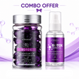 Kormesic Botox Keratin Hair Enhancing Oil combo offer featuring a clear bottle of purple Moroccan Oil capsules and a clear bottle of purple hair oil, with a silver cap on the capsule bottle and a white pump bottle on the oil bottle, set against a white background with purple decorative elements.