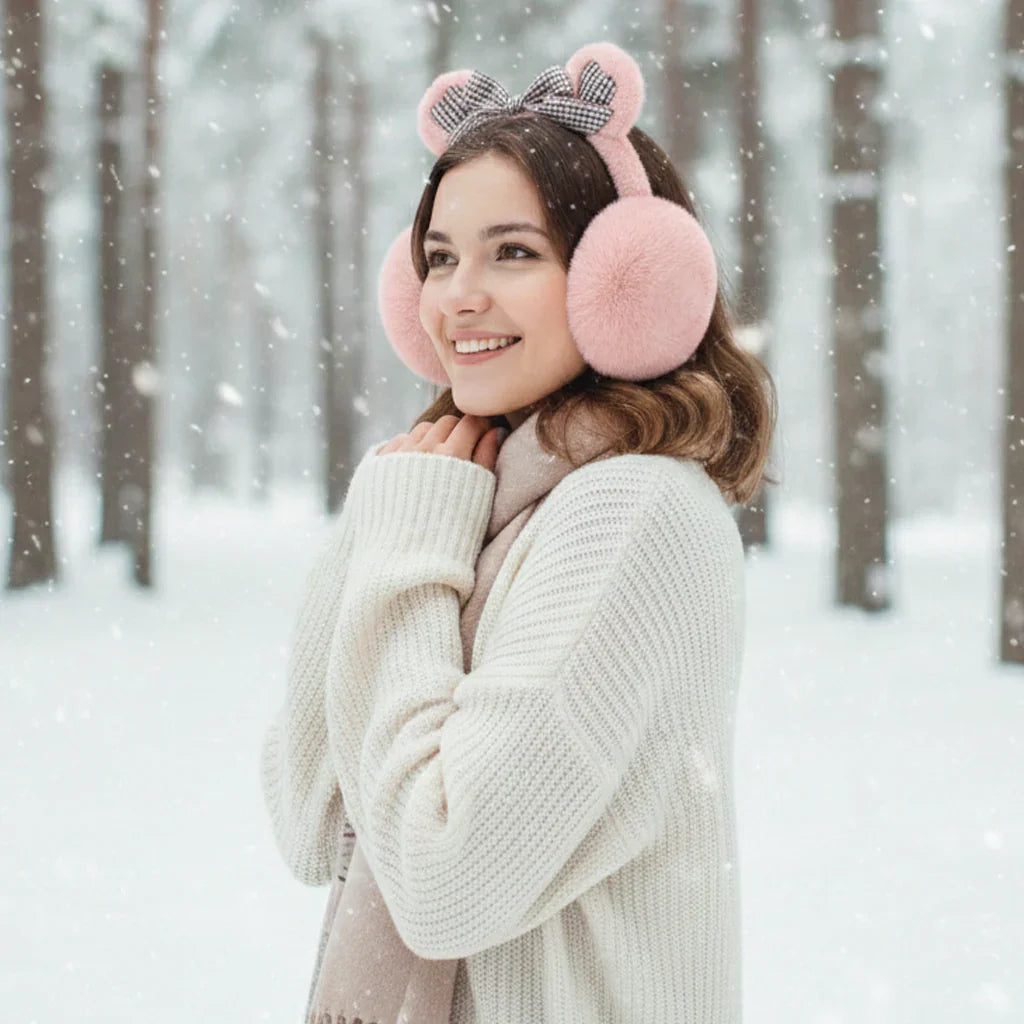 Plaid Teddy Bear Cozy Faux Fur Winter Ear Muffs
