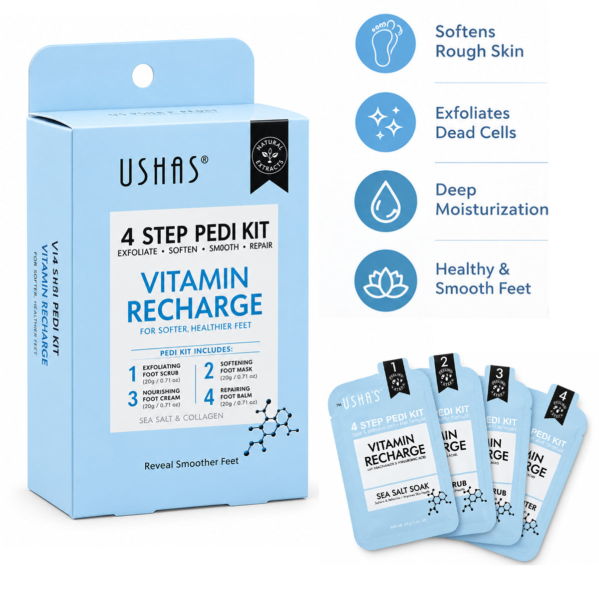 Ushas Vitamin Recharge 4 Step Pedi Kit - 4 Pcs × 20 g