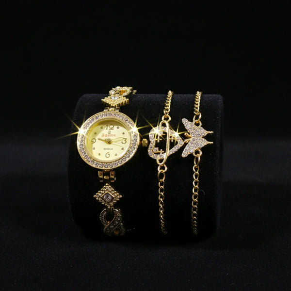 Women’s Crystal Studded Gold Watch with 2 Matching Bracelets - WB25