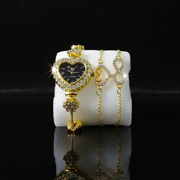 Women’s Crystal Studded Gold Watch with 2 Matching Bracelets - WB27