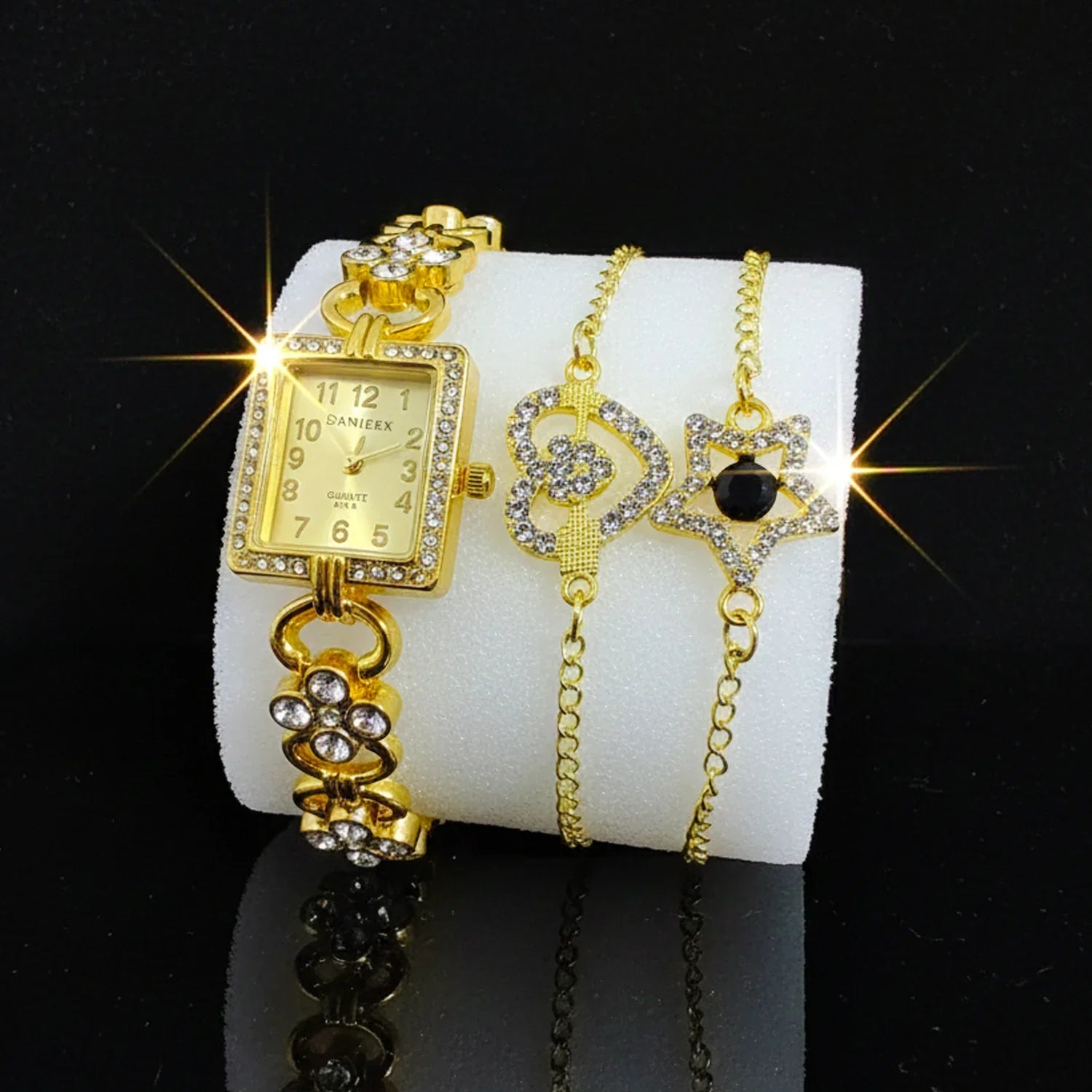 Women’s Crystal Studded Gold Watch with 2 Matching Bracelets - WB37
