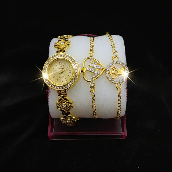 Women’s Crystal Studded Gold Watch with 2 Matching Bracelets - WB38