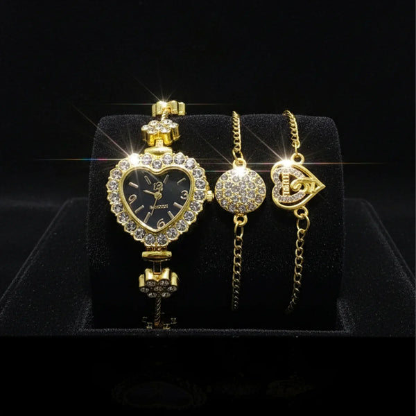 Women’s Crystal Studded Gold Watch with 2 Matching Bracelets - WB39