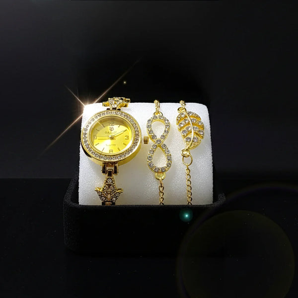 Women’s Crystal Studded Gold Watch with 2 Matching Bracelets - WB41