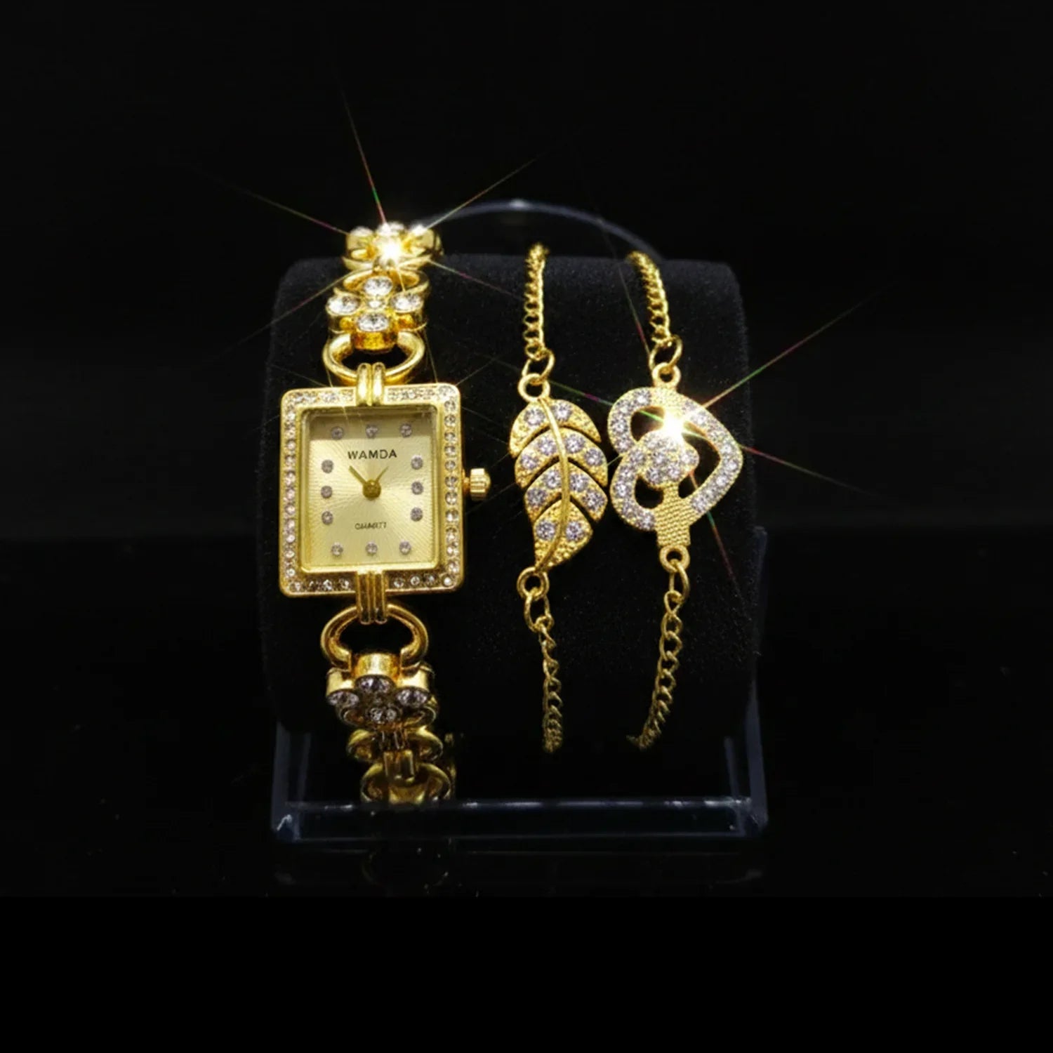 Women’s Crystal Studded Gold Watch with 2 Matching Bracelets - WB42