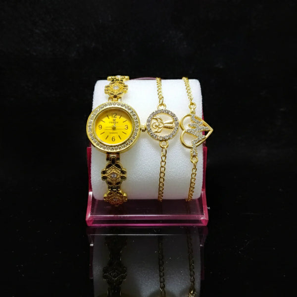 Women’s Crystal Studded Gold Watch with 2 Matching Bracelets - WB43