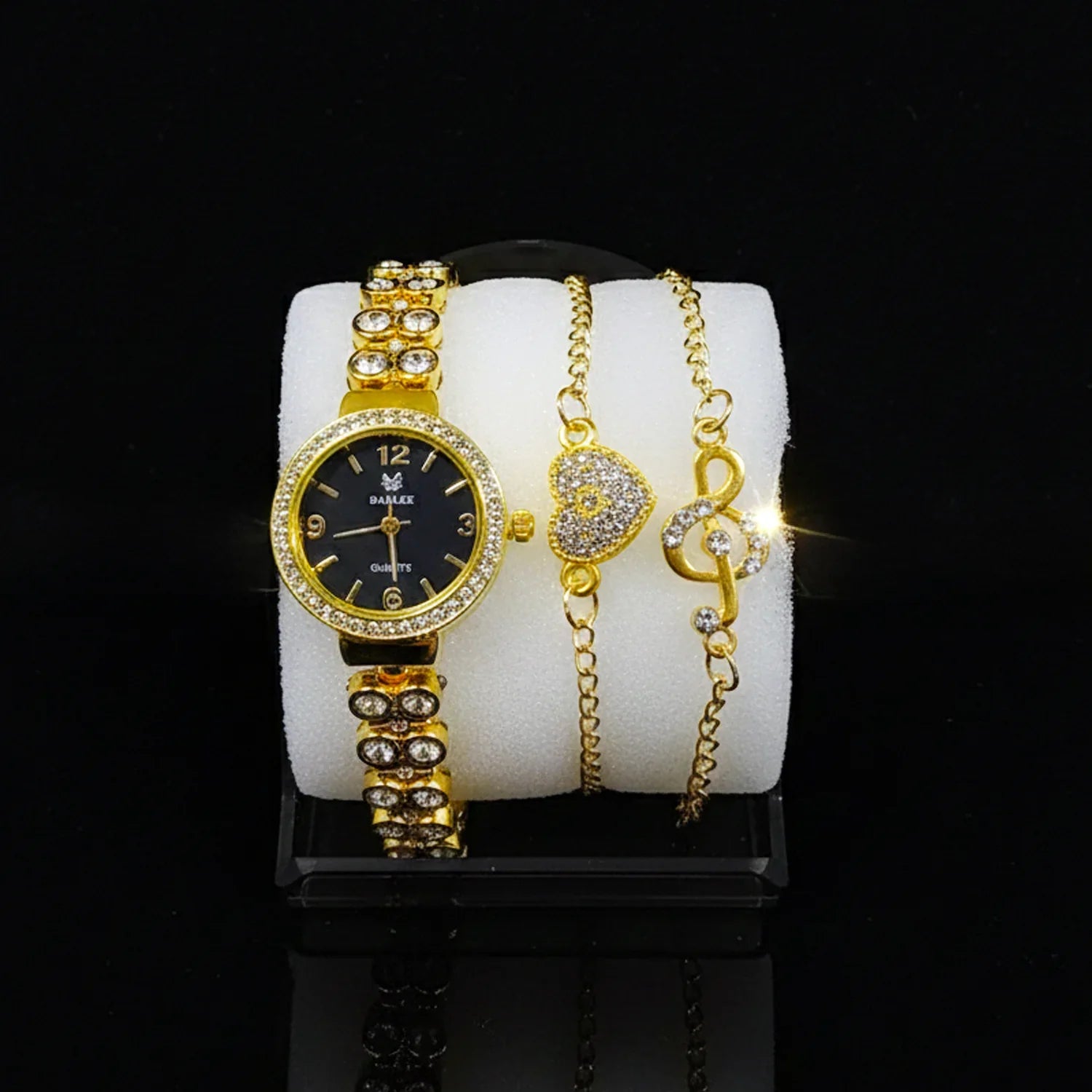 ساعة نسائية ذهبية مرصعة بالكريستال مع سوارين متطابقين - WB44