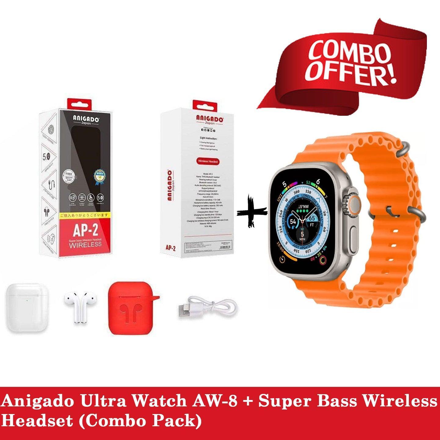 Anigado Ultra Watch AW-8 + Super Bass Wireless Headset (Combo Pack ...