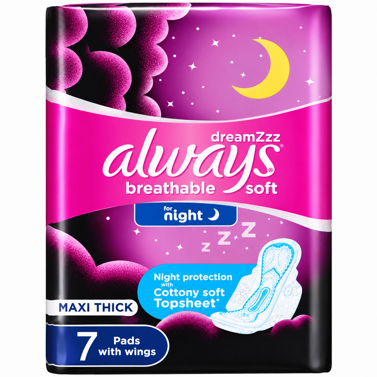 Always Breathable Soft Maxi Thick Night Sanitary Pads With Wings - 7 Pcs