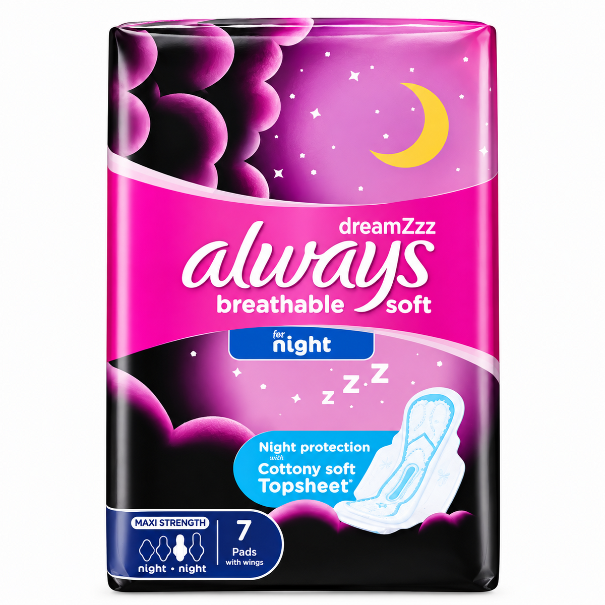 Always Breathable Soft Maxi Thick Night Sanitary Pads With Wings - 7 Pcs