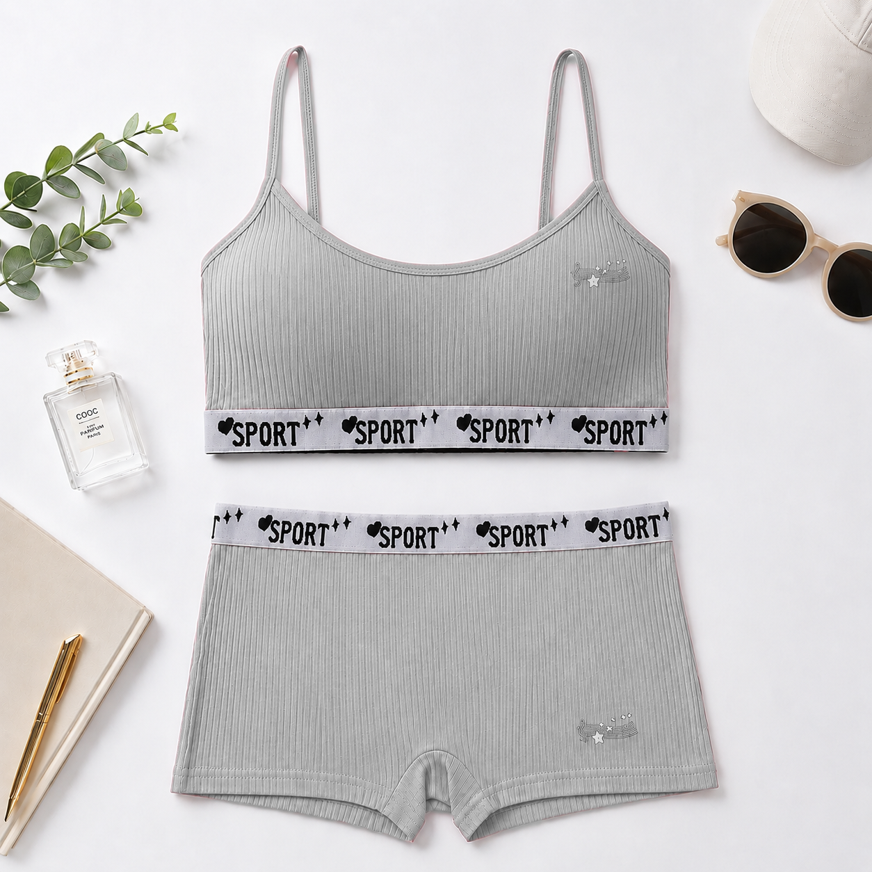 Ribbed Cotton Training Sports Bra & Shorts Set - MT502