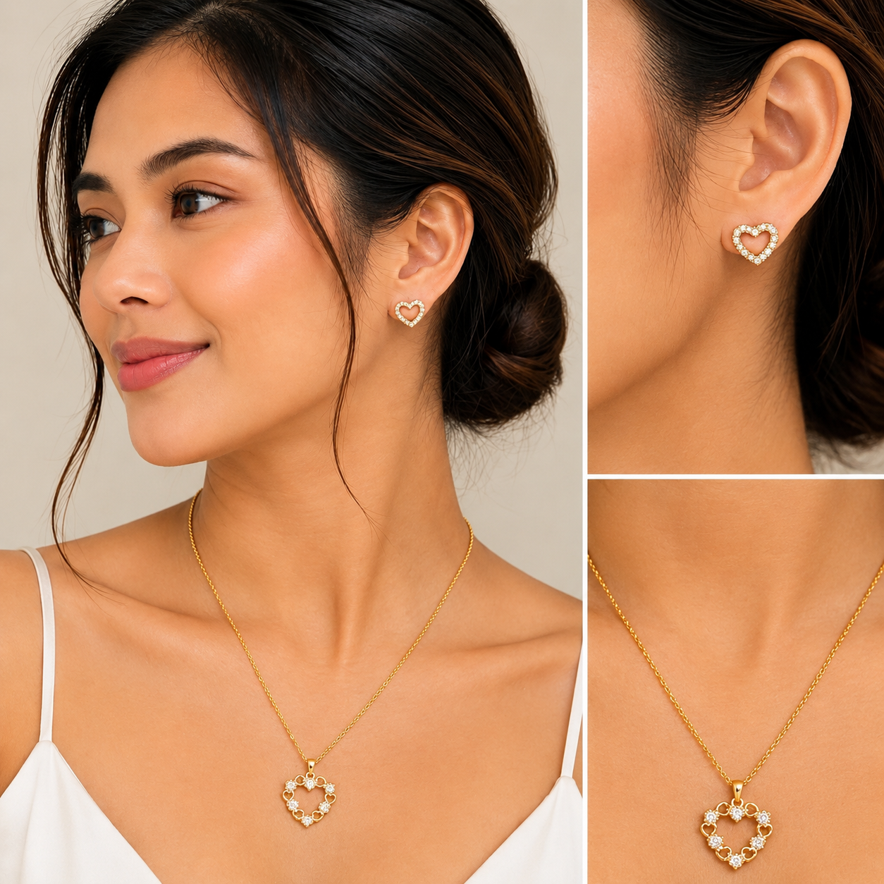Crystal Cluster Open Heart Necklace & Earrings Jewelry Set - FJ253