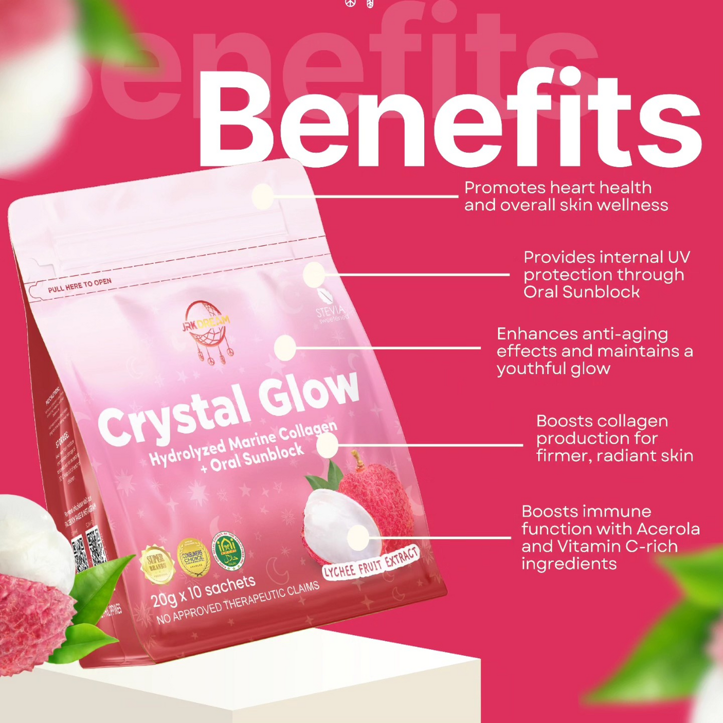JRK Dream Crystal Glow Lychee Fruit Extract Drink - 10 Sachets x 20g