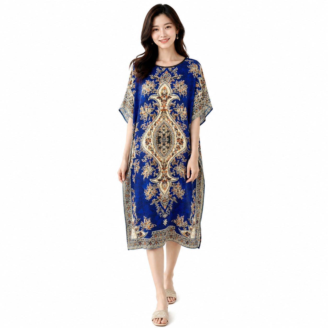 Women Printed Round-Neck Maxi kaftan -10A#