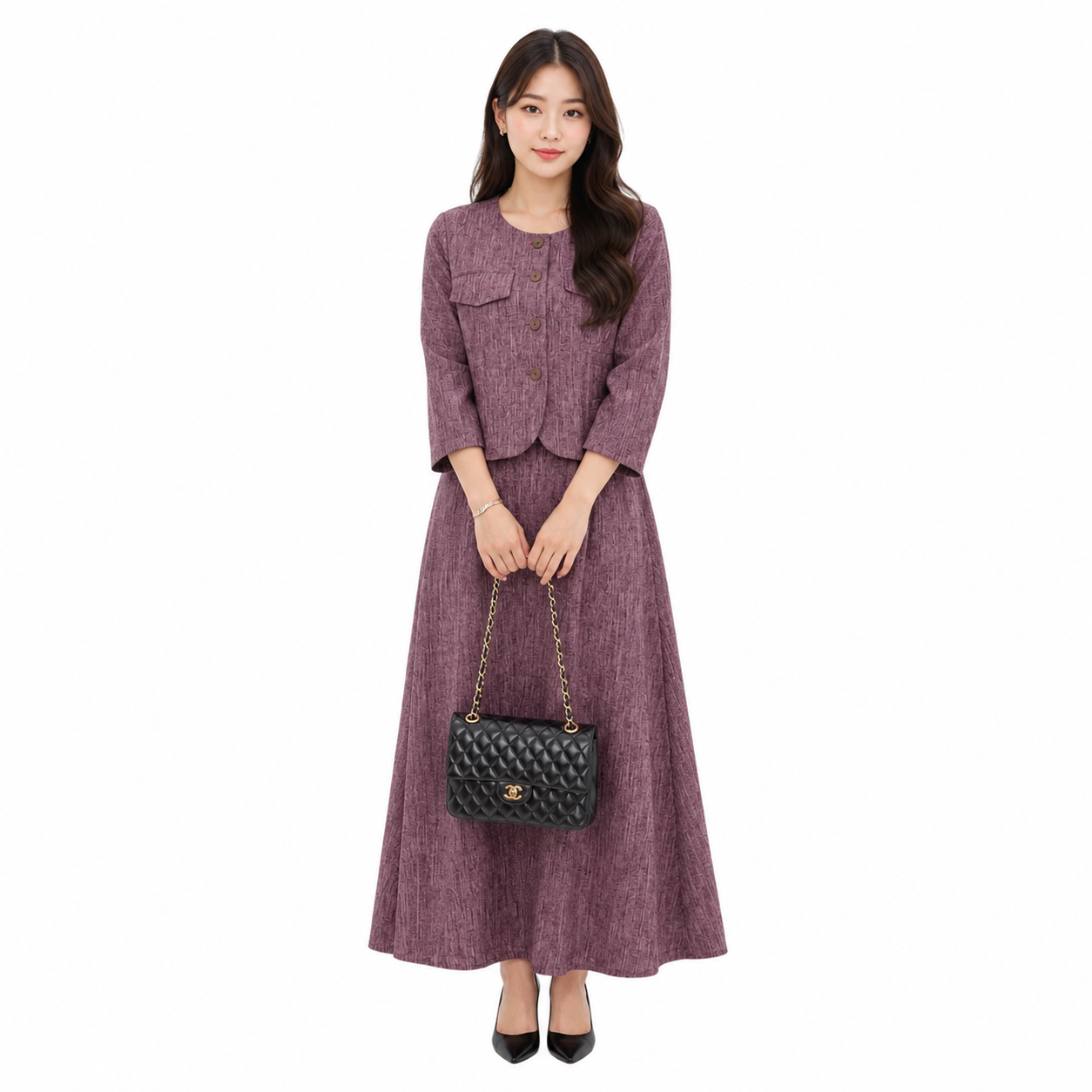Korean-Style Tweed Two-Piece Skirt Set - HY001#