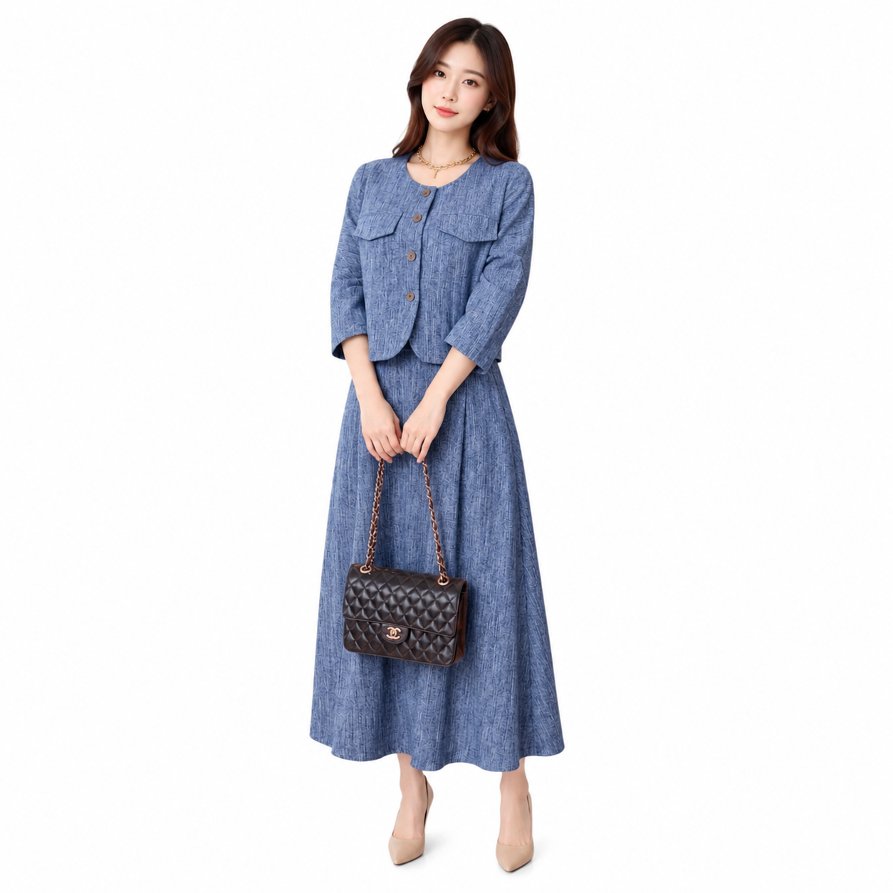 Korean-Style Tweed Two-Piece Skirt Set - HY001#