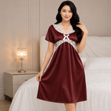 Short Sleeve V-Neck Silk-Feel Nights - 6138