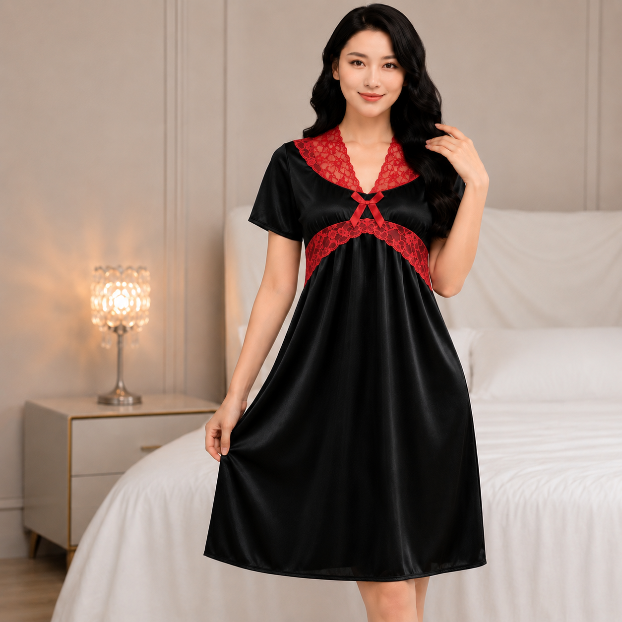 Short Sleeve V-Neck Silk-Feel Nights - 6138