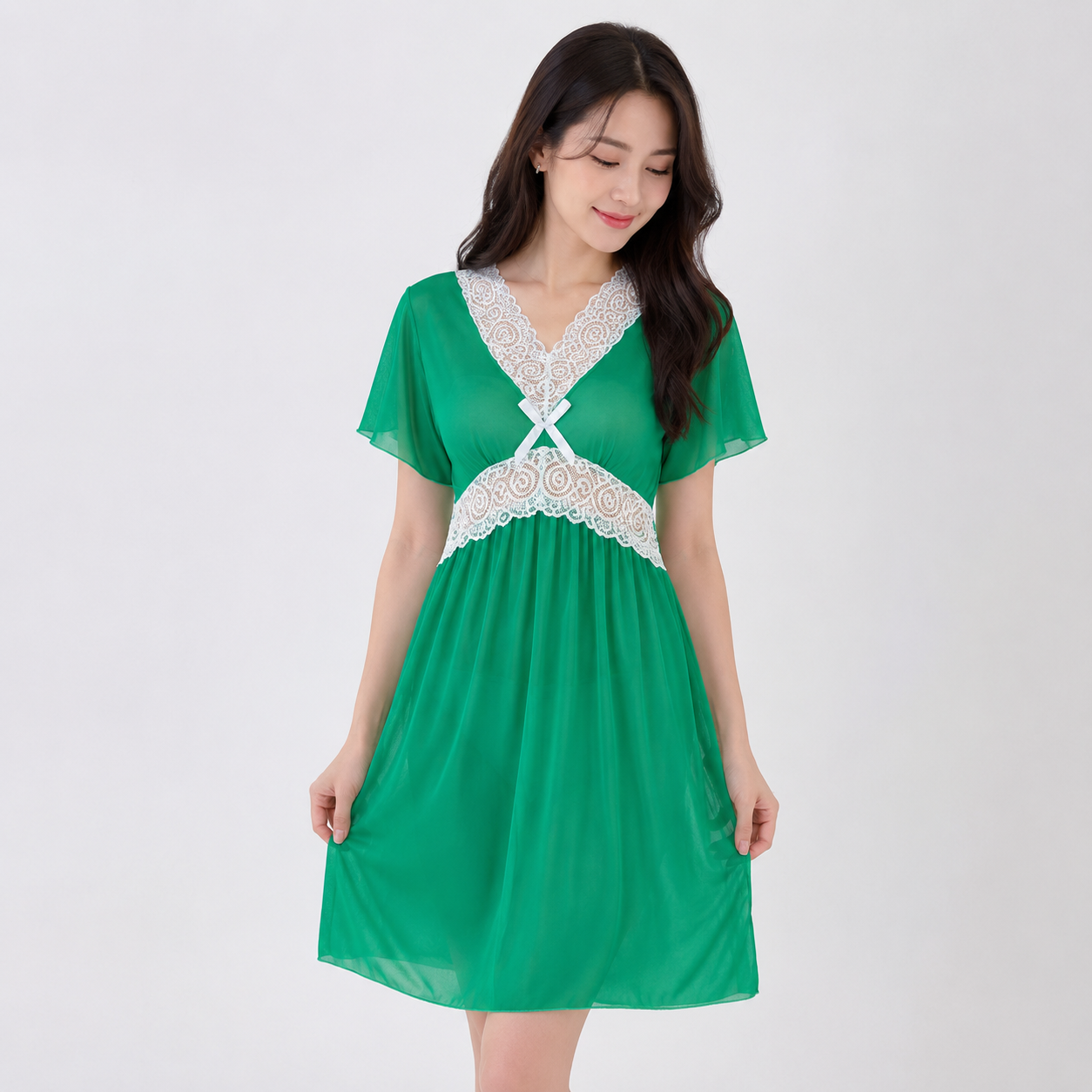 Women's V-Neck Lace Trim Chiffon Nightgown - 6136