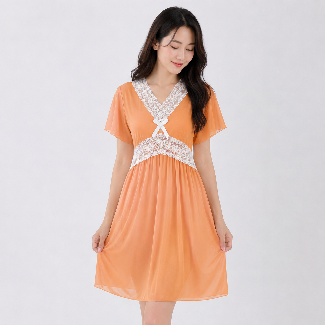 Women's V-Neck Lace Trim Chiffon Nightgown - 6136