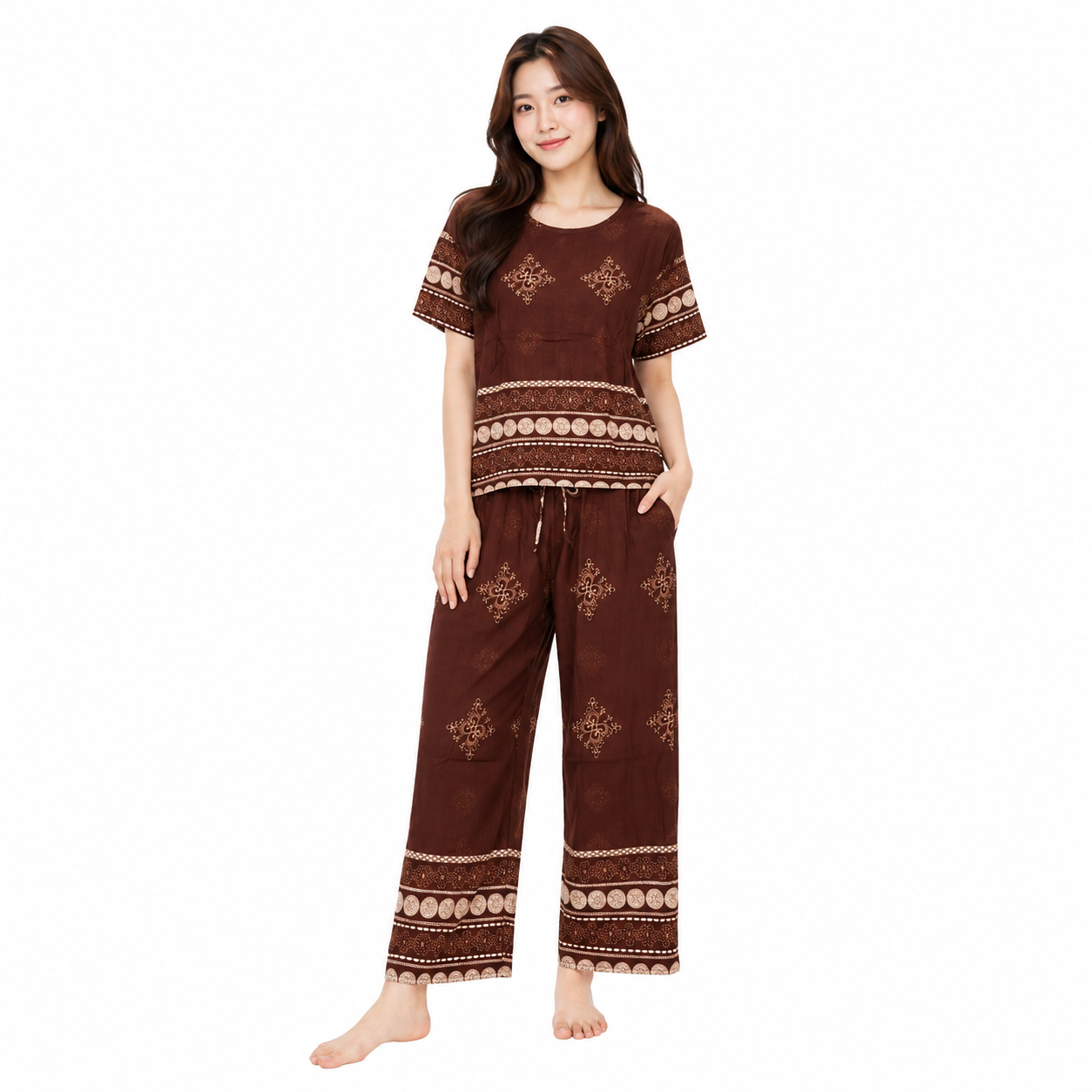 women's printed cotton/rayon lounge co-ord set - T-0615
