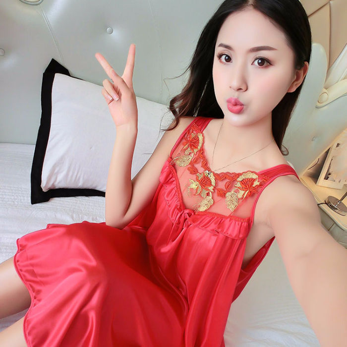 Ice Silk Satin Lace Camisole Nightgown - 002