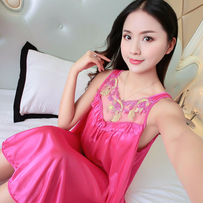 Ice Silk Satin Lace Camisole Nightgown - 002