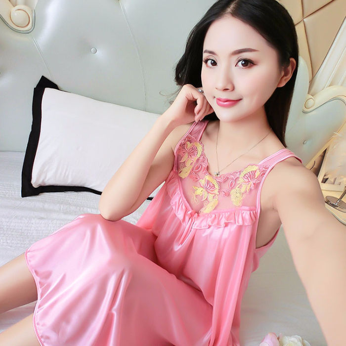 Ice Silk Satin Lace Camisole Nightgown - 002