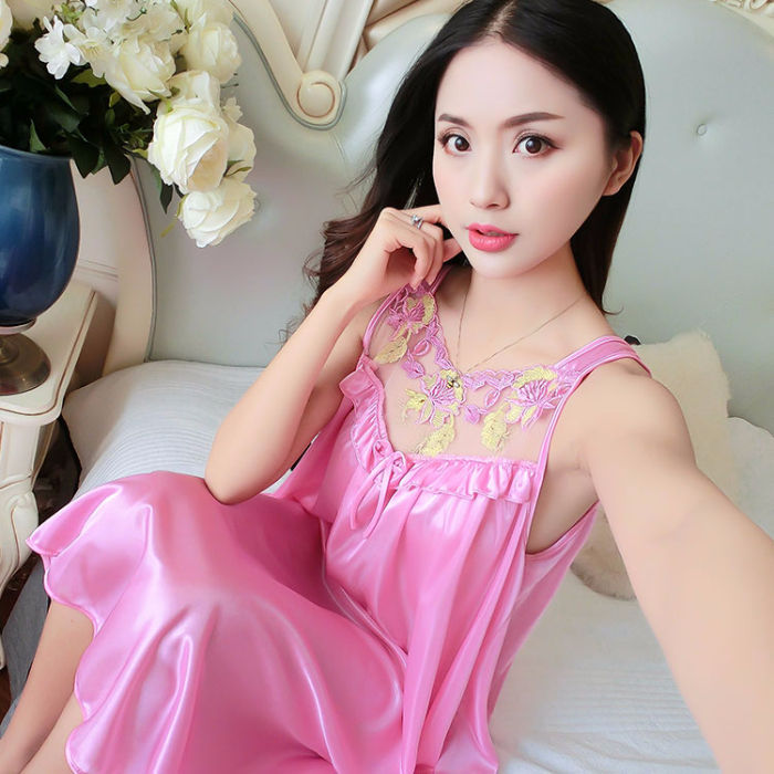 Ice Silk Satin Lace Camisole Nightgown - 002