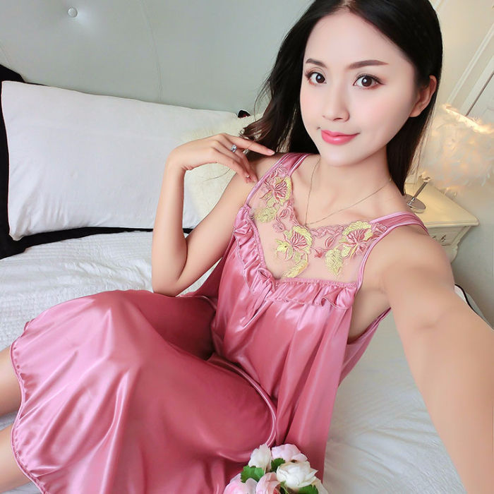 Ice Silk Satin Lace Camisole Nightgown - 002