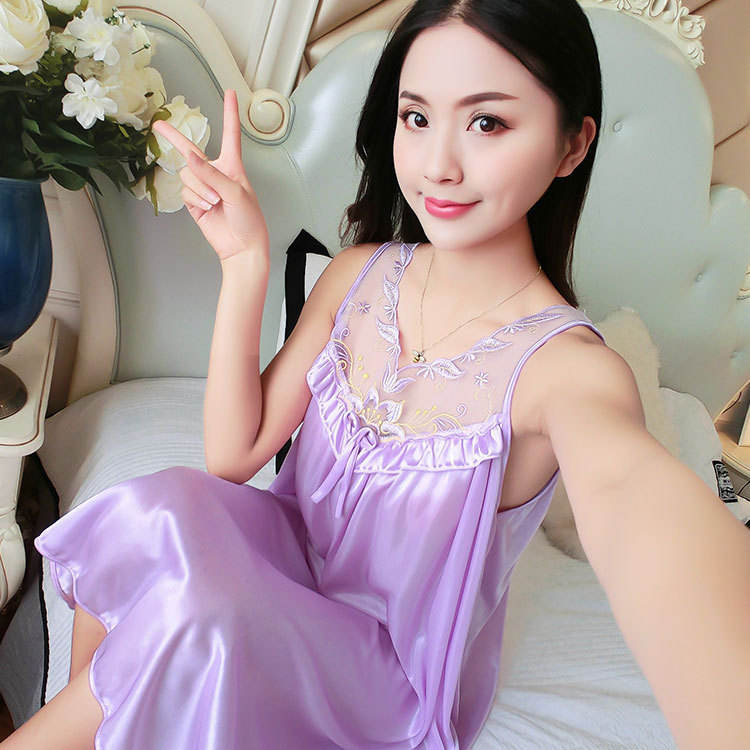 Women's Satin Ice Silk Sleeveless Nightdress with Lace Embroidery - 003