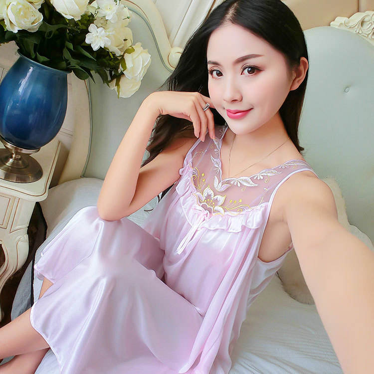 Women's Satin Ice Silk Sleeveless Nightdress with Lace Embroidery - 003