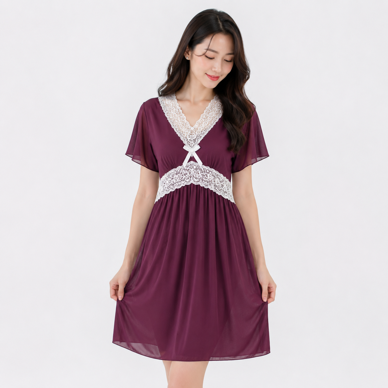 Women's V-Neck Lace Trim Chiffon Nightgown - 6136