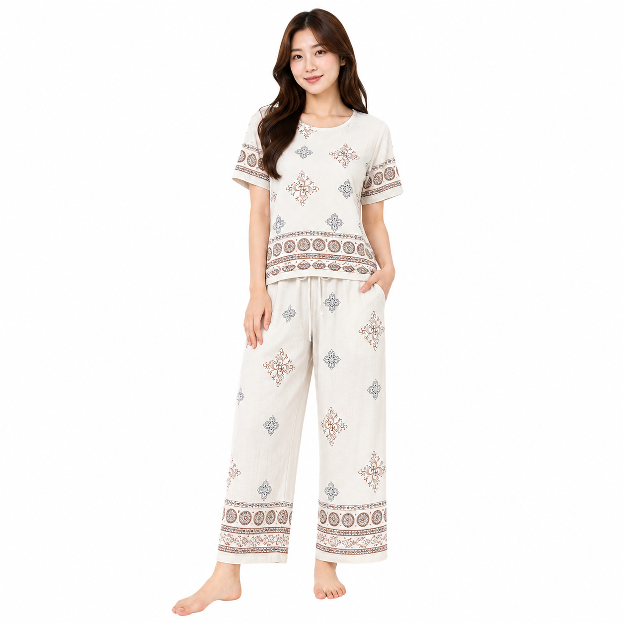 women's printed cotton/rayon lounge co-ord set - T-0615