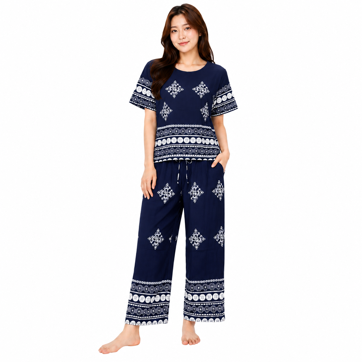 women's printed cotton/rayon lounge co-ord set - T-0615