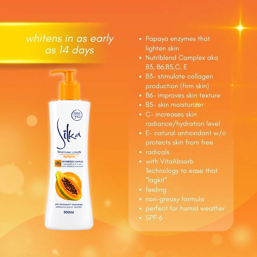 لوشن سيلكا لتبييض البشرة بالبابايا بعامل حماية من الشمس SPF6، 500 مل