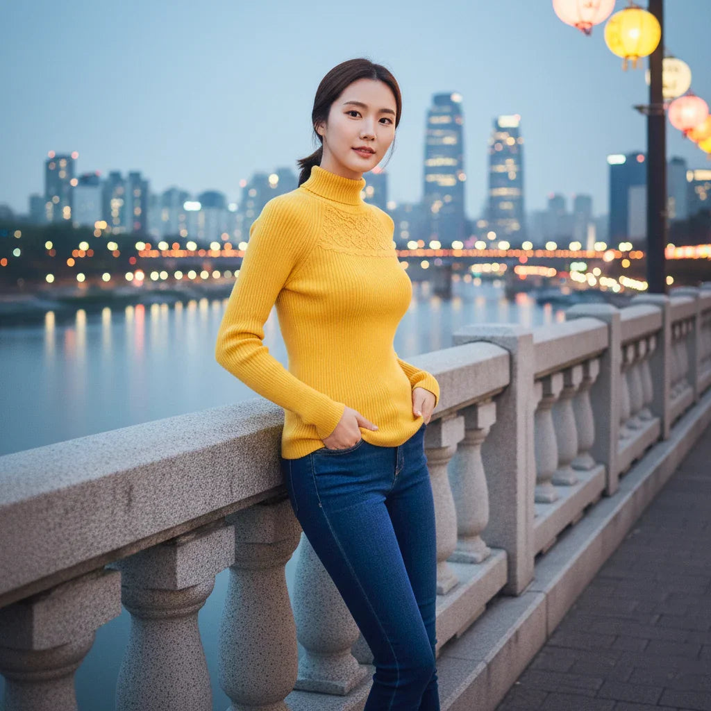 Women's Ribbed Knit Turtleneck Top with Sheer Lace Yoke