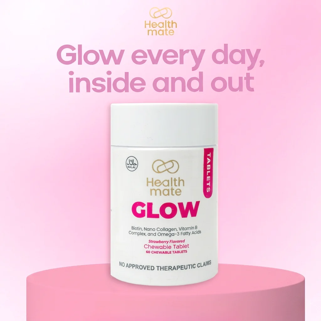 كبسولات "هيلث ميت جلو" (Healthmate Glow) القابلة للمضغ - كولاجين وفيتامينات متعددة - 60 كبسولة