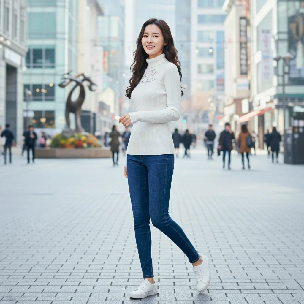 Women's Ribbed Knit Turtleneck Top with Sheer Lace Yoke