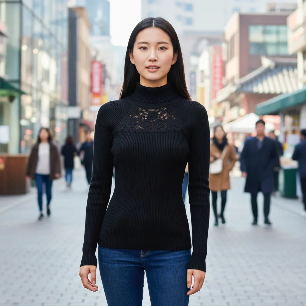 Women's Ribbed Knit Turtleneck Top with Sheer Lace Yoke